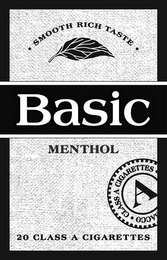 BASIC MENTHOL · SMOOTH RICH TASTE · 20 CLASS A CIGARETTES A · CLASS A CIGARETTES · ACCO logo
