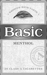 BASIC MENTHOL · SMOOTH RICH TASTE · 20 CLASS A CIGARETTES A · CLASS A CIGARETTES · ACCO logo