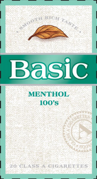 BASIC MENTHOL ULTRA LIGHTS 100'S · SMOOTH RICH TASTE · 20 CLASS A CIGARETTES CLASS A CIGARETTES A ACCO logo