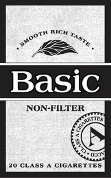 BASIC NON-FILTER · SMOOTH RICH TASTE · 20 CLASS A CIGARETTES A CLASS A CIGARETTES ACCO logo