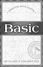 BASIC  · SMOOTH RICH TASTE ·  20 CLASS A CIGARETTES A CLASS A CIGARETTES ACCO logo