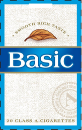 BASIC  · SMOOTH RICH TASTE ·  20 CLASS A CIGARETTES A · CLASS A CIGARETTES · ACCO logo