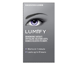 BAUSCH + LOMB LUMIFY BRIMONIDINE TARTRATE OPTHALMIC SOLUTION 0.025% REDNESS RELIEVER EYE DROPS · WORKS IN 1 MINUTE · LASTS UP TO 8 HOURS logo