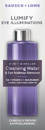 BAUSCH + LOMB LUMIFY EYE ILLUMINATIONS 3-IN-1 MICELLAR CLEANSING WATER & EYE MAKEUP REMOVER HA + VITAMIN C + NIACINAMIDE CLEANSE MOISTURIZE BRIGHTEN CLINICALLY PROVEN & HYPOALLERGENIC logo
