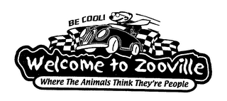 BE COOL! WELCOME TO ZOOVILLE WHERE THE ANIMALS THINK THEY'RE PEOPLE logo