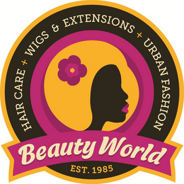 BEAUTY WORLD HAIR CARE + WIGS & EXTENSIONS + URBAN FASHION EST. 1985 logo