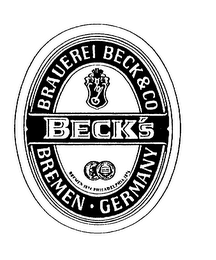 BECK'S BRAUEREI BECK & CO BREMEN GERMANY BREMEN 1874 PHILADELPHIA 1876 logo