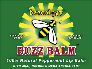 BEECOLOGY BUZZ BALM 100% NATURAL PEPPERMINT LIP BALM WITH ACAI, NATURE'S MEGA ANTIOXIDANT BEEKEEPER MADE BEEKEEPER APPROVED logo