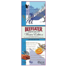 BEEFEATER LONDON DRY GIN WINTER EDITION A WINTERY GIN WITH PINE, CINNAMON, NUTMEG & SEVILLE ORANGE PEEL LIMITED EDITION A WARMING WINTRY GIN MADE FROM THE FINEST QUALITY HAND PICKED AROMATIC PINE SHOOTS SRI LANKAN CINNAMON INDONESIAN NUTMEG AND SEVILLE ORANGE PEEL 1 LITRE 40% ALC./VOL. 2FKF6002 logo