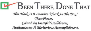 BEEN THERE, DONE THAT THIS MARK IS A GENUINE "CHECK IN THE BOX." THAT PHRASE, COINED BY INTREPID TRAILBLAZERS, AUTHENTICATES A MERITORIOUS ACCOMPLISHMENT. logo