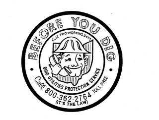 BEFORE YOU DIG CALL TWO WORKING DAYS OHIO UTILITIES PROTECTION SERVICE CALL 800-362-2764 TOLL FREE (IT'S THE LAW) logo