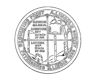 BEGINNING POINT A. LINCOLN SURVEY PETERSBURG ILLINOIS 1836 ELEVATION 523.608 FT.  LONGITUDE 89 50MIN 57 SEC LATITUDE 40 0 MIN 35 SEC logo