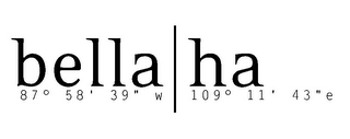 BELLA | HA 87° 58' 39" W 109° 11' 43" E logo