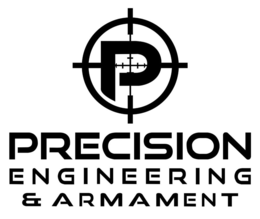BELOW THE GRAPHIC, THE WORDS "PRECISION ENGINEERING & ARMAMENT" ARE PRESENTED IN A CLEAN, MODERN, SANS-SERIF TYPEFACE. THE TEXT IS ARRANGED IN THREE JUSTIFIED ROWS: "PRECISION" (LARGEST)"ENGINEERING","& ARMAMENT" logo
