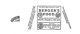 BENGER'S FOOD A DELICIOUS AND HIGHLY NUTRITIVE ALIMENT FOR INFANTS INVALIDS & THE AGED MANCHESTER ENGLAND BENGER'S FOOD LTD. logo