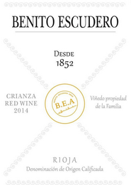 BENITO ESCUDERO DESDE 1852 CRIANZA RED WINE 2014 BENITO ESCUDERO ASAD B.E.A. BENITO ESCUDERO ASAD VIÑEDO PROPIEDAD DE LA FAMILIA RIOJA DENOMINACIÓN DE ORIGEN CALIFICADA logo