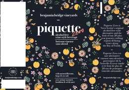BENJAMIN BRIDGE VINEYARDS PIQUETTE ZERO ALCOHOL FREE WINESTYLE BEVERAGE BOISSON VINEUSE SANS ALCOOL WITH NATURAL FLAVOUR, HOPS & SEA SALT AVEC ARÔME NATUREL, HOUBLON & SEL DE MER PIQUETTE ZERO IS NOVA SCOTIA'S ORIGINAL ALCOHOL FREE WINE ALTERNATIVE AND THE FRUIT OF OUR 20 PLUS YEAR JOURNEY CRAFTING REGION-DEFINING WINE ALONG THE BAY OF FUNDY PIQUETTE ZERO EST UNE ALTERNATIVE VINEUSA SANS ALCOOL EN PROVENANCE DE LA NOUVELLEÉSCOSSE RURALE ET LE FRUIT DE PLUE DE 20 ANS DE PRATIQUES VINICOLES ARTISANALES BENJAMINBRIDGE.COM logo