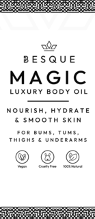 BESQUE MAGIC LUXURY BODY OIL NOURISH, HYDRATE & SMOOTH SKIN FOR BUMS, TUMS, THIGHS & UNDERARMS VEGAN CRUELTY FREE 100% NATURAL logo