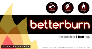 BETTERBURN, QUICKER, GREENER, LONGER, FIRES MADE SIMPLE, PREMIUM SIX HOUR LOG logo