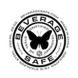BEVERAGESAFE.COM MADE IN CHINA INSULATED 18/8 STAINLESS STEEL 750ML 25 OZ/ BEVERAGE SAFE PATENTS PENDING CERTIFIED STEEL OF APPROVAL S logo