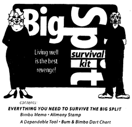 BIG SPLIT SURVIVAL KIT LIVING WELL IS THE BEST REVENGE! CONTENTS: EVERYTHING YOU NEED TO SURVIVE THE BIG SPLIT BIMBO MEMO ALIMONY STAMP A DEPENDABLE TOOL BUM & BIMBO DART CHART logo