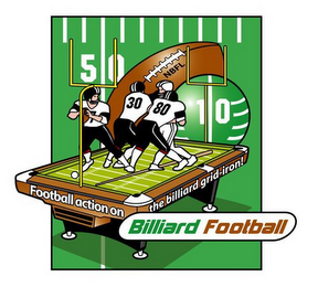 BILLIARD FOOTBALL FOOTBALL ACTION ON THE BILLIARD GRID-IRON! NBFL 50 10 7 30 80 logo