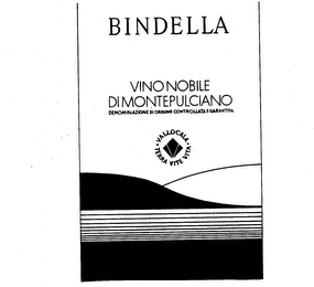 BINDELLA VINO NOBILE DIMONTEPULCIANO DENOMINAIONE DI ORIGINE CONTROLLATA E GARANTIT VALLOCALA TERRA VITE VITA logo