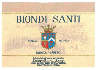 BIONDI-SANTI MARCA PROPRIA TENUTA "GREPPO,, IMBOTTIGLIATO ALL'ORIGINE DAL VITICULTORE JACOPO BIONDI SANTI NELLA CANTINA DELLA TENUTA "GREPPO,, MONTALCINO · ITALIA logo