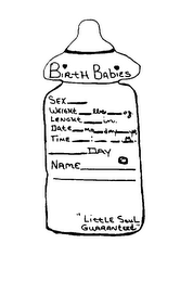 BIRTH BABIES SEX WEIGHT LBS OZ. LENGHT IN. DATE MO DAY YR. TIME : M. DAY NAME "LITTLE SOUL GUARANTEED" logo