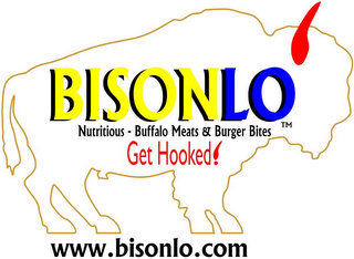 BISONLO NUTRITIOUS - BUFFALO MEATZ & BURGER BITES GET HOOKED! WWW.BISONLO.COM logo