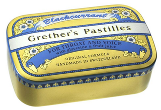 BLACKCURRANT GRETHER'S PASTILLES FOR THROAT AND VOICE WITH GLYCERINE & FRUIT JUICE ORIGINAL FORMULA HANDMADE IN SWITZERLAND logo
