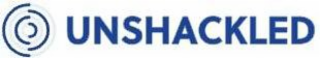 BLUE (ALL TYPE), GREY AND WHITE. UNSHACKLED logo