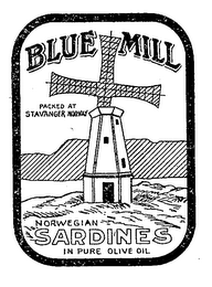 BLUE MILL NORWEGIAN SARDINES IN PURE OLIVE OIL PACKED AT STAVANGER NORWAY logo