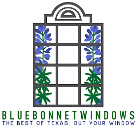BLUEBONNET WINDOWS THE BEST OF TEXAS. OUT YOUR WINDOW logo