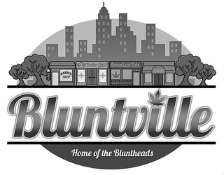 BLUNTVILLE HOME OF THE BLUNTHEADS BARBER SHOP CAVIAR GOLD GREEN LEAF CAFE BLUNTIQUE logo
