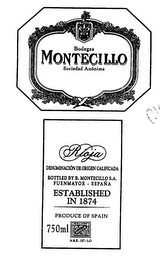 BODEGAS MONTÉCILLO SOCIEDAD ANÓNIMA RIOJA DENOMINACIÓN DE ORIGEN CALIFICADA BOTTLED BY B. MONTECILLO S.A. FUENMAYOR - ESPAÑA ESTABLISHED IN 1874 PRODUCE OF SPAIN 750ML N.R.E. 127-LO logo