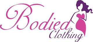 BODIED CLOTHING IS IN THE COLOR PURPLE WITH A LADY WITH PURPLE AND A PINK DRESS ON THE SIDE. logo