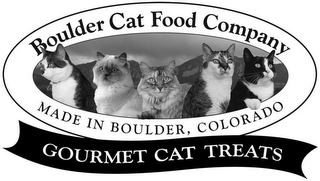 BOULDER CAT FOOD COMPANY MADE IN BOULDER, COLORADO GOURMET CAT TREATS logo
