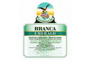 BRANCA EMERALD FRATELLI BRANCA - DISTILLERIE MILANO - VIA BROLETTO VICINO ALLA CHIESA DI S. TOMASO I FRATELLI BRANCA I SOLI CHE POSSEGGONO L'ORIGINALE FORMULA DI PRODUZIONE DEL LIQUORE D'ERBE NE ASSICURANO L'ALTA QUALITA E BONTA' - GRAZIE AL PROCESSO DI TRASFORMAZIONE CHE ESALTA LA GENUINITA' - DEGLI INGREDIENTI NATURALI ED ESOTICI DAI SUPERBI AROMI MILANO BRANCA FLLI. BRANCA MILANO CASA FONDATA NEL 1845 logo