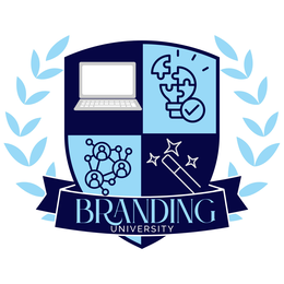 BRANDING UNIVERSITYTHE MARK CONSISTS OF A SHIELD DESIGN DIVIDED INTO FOUR QUADRANTS SURROUNDED BY A LIGHT BLUE LAUREL WREATH.THE SHIELD IS PRIMARILY NAVY BLUE AND LIGHT BLUE.THE UPPER LEFT QUADRANT FEATURES A GRAY LAPTOP WITH WHITE KEYBOARD AND SCREEN DETAILS ON A NAVY BLUE BACKGROUND.THE UPPER RIGHT QUADRANT CONTAINS A LIGHT BLUE BACKGROUND WITH A NAVY BLUE GLOBE/LIGHTBULB ICON AND CHECK MARK.THE LOWER LEFT QUADRANT FEATURES NETWORKED HUMAN FIGURES IN NAVY BLUE ON A LIGHT BLUE BACKGROUND.THE LOWER RIGHT QUADRANT CONTAINS A NAVY BLUE BACKGROUND WITH A WHITE MAGIC WAND AND STARS.A NAVY BLUE BANNER APPEARS ACROSS THE BOTTOM OF THE SHIELD CONTAINING THE WORDING “BRANDING UNIVERSITY” IN LIGHT BLUE AND WHITE LETTERING.THE SURROUNDING LAUREL LEAVES ARE LIGHT BLUE, AND THE REMAINING BACKGROUND AREA IS WHITE. logo