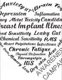BREAST IMPLANT ILLNESS AWARENESS CAMPAIGN, ANXIETY, UTI, BRAIN FOG, ADRENAL FATIGUE, ACNE, DRY SKIN, MEMORY LOSS,, NEUROPATHIC PAIN, INSOMNIA, DEPRESSION, INFLAMMATION, HEAVY METAL TOXICITY, CANDIDA, FOOD SENSITIVITY, LEAKY GUT, CHEMICAL SENSITIVITY, PMS, HEART PALPITATIONS, INFECTIONS, CHRONIC FATIGUE, THYROID DISFUNCTION, FIBROMYALGIA, IBS logo