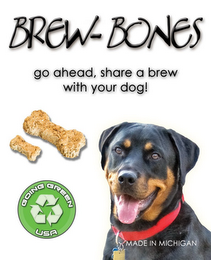 BREW-BONES GO AHEAD, SHARE A BREW WITH YOUR DOG! GOING GREEN USA MADE IN MICHIGAN logo