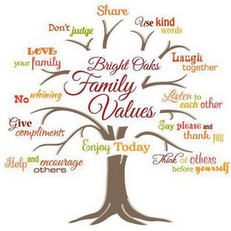 BRIGHT OAKS FAMILY VALUES SHARE USE KIND WORDS LAUGH TOGETHER LISTEN TO EACH OTHER SAY PLEASE AND THANK YOU THINK OF OTHERS BEFORE YOURSELF ENJOY TODAY HELP AND ENCOURAGE OTHERS GIVE COMPLIMENTS NO WHINING LOVE YOUR FAMILY DON'T JUDGE logo