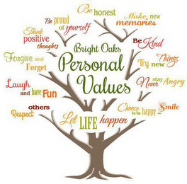BRIGHT OAKS PERSONAL VALUES BE HONEST MAKE NEW MEMORIES BE KIND TRY NEW THINGS NEVER STAY ANGRY SMILE CHOOSE TO BE HAPPY LET LIFE HAPPEN RESPECT OTHERS LAUGH AND HAVE FUN FORGIVE AND FORGET THINK POSITIVE THOUGHTS BE PROUD OF YOURSELF logo