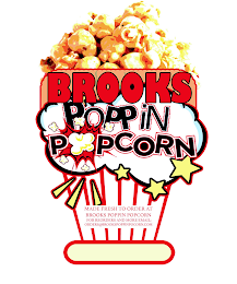 BROOKS POPPIN POPCORN MADE FRESH TO ORDER AT BROOKS POPPIN POPCORN FOR REORDERS AND MORE EMAIL: ORDERS@BROOKSPOPPINPOPCORN.COM logo