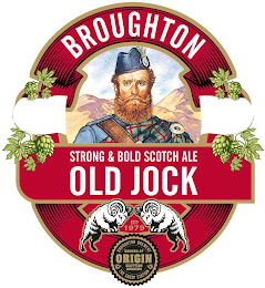 BROUGHTON STRONG & BOLD SCOTCH ALE OLD JOCK EST. 1979 BROUGHTON BREWERY BREWED AT ORIGIN SCOTTISH BORDERS THE SHEEP STATION logo