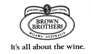 BROWN BROTHERS IT'S ALL ABOUT THE WINE. ESTABLISHED 1889 JOHN F. BROWN MILAWA AUSTRALIA logo