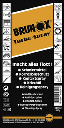 BRUNOX TURBO-SPRAY MACHT ALLES FLOTT! SCHMIERMITTEL KORROSIONSSCHUTZ KONTAKTSPRAY KRIECHÖL REINIGUNGSSPRAY logo