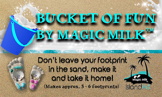 BUCKET OF FUN BY MAGIC MILK DONT LEAVE YOUR FOOTPRINTS IN THE SAND, MAKE IT AND TAKE IT HOME! (MAKES APPROX. 3-6 FOOTPRINTS) MAGIC MILK ISLANDART logo