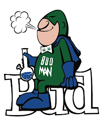 BUD MAN SITTING ON BUD LETTERS logo
